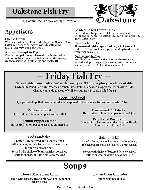 Friday Fish Fry Menu Oakstone Recreationa